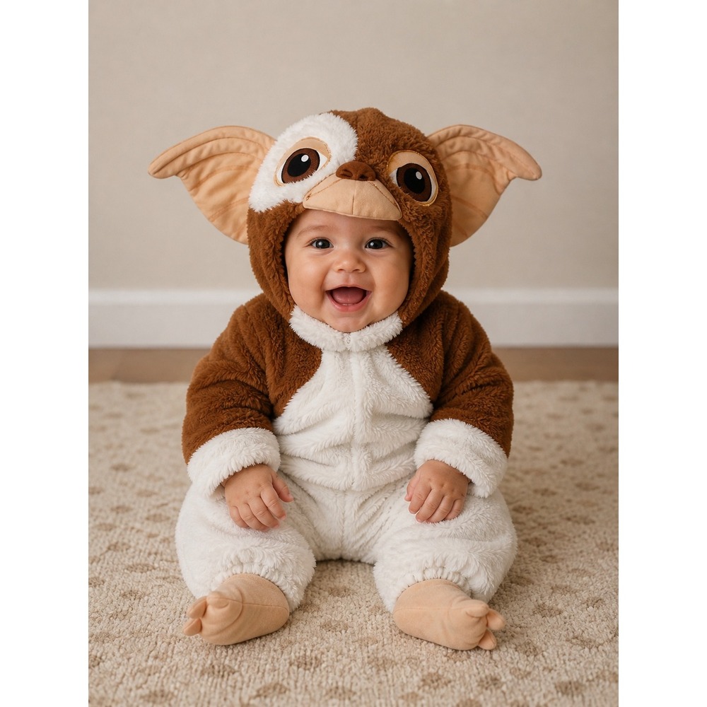 Gremlins Gizmo Infant Costume Brown White Fuzzy Mogwai Halloween 6-12 Months
